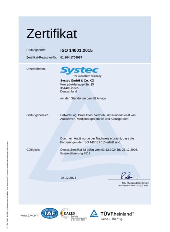 Zertifikat: Systec Umweltmanagement nach ISO 14001