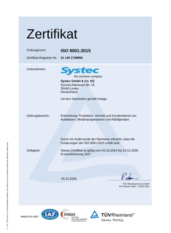 Zertifikat: Systec Qualitätsmanagement nach ISO 9001